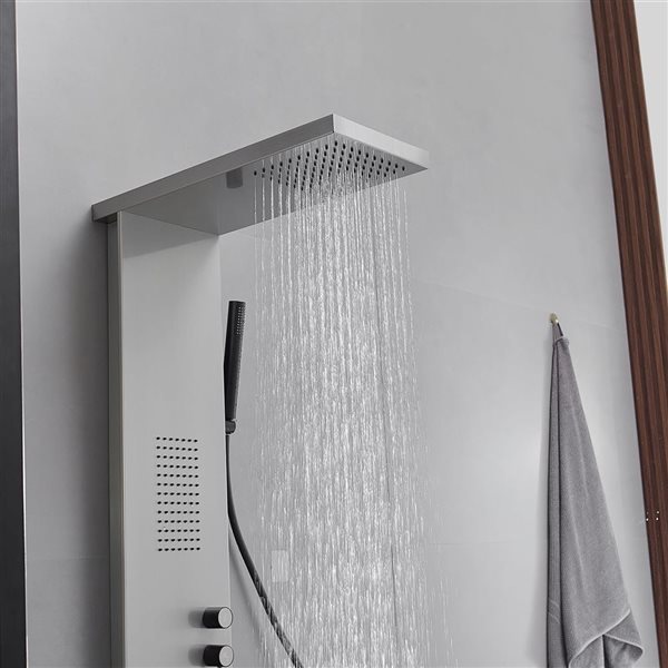 1-Jet Rainfall Shower Panel System with Waterfall Shower Head and Shower Wand in Brushed Nickel