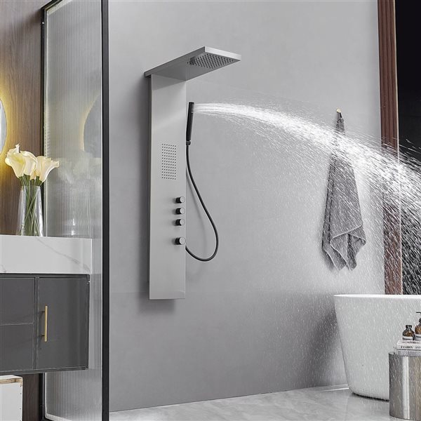 1-Jet Rainfall Shower Panel System with Waterfall Shower Head and Shower Wand in Brushed Nickel