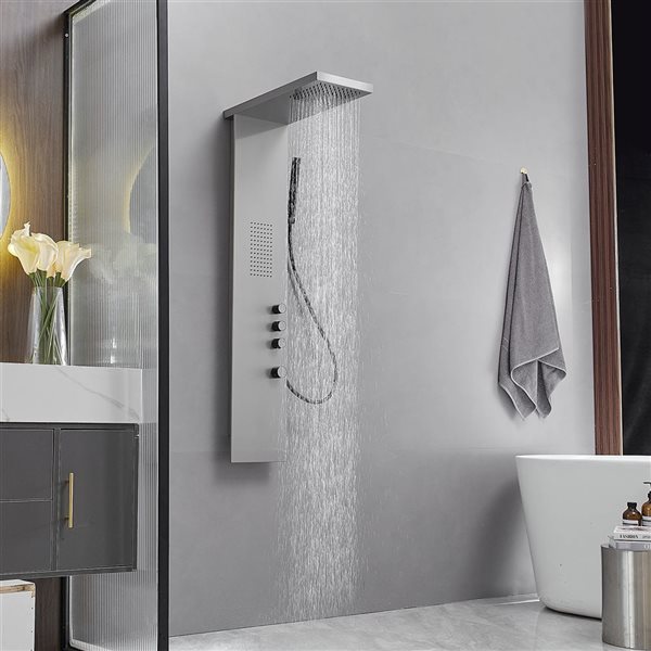 1-Jet Rainfall Shower Panel System with Waterfall Shower Head and Shower Wand in Brushed Nickel