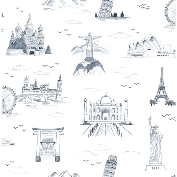 NuWallpaper Landmark Navy Travelers Toille Novelty Peel and Stick Wallpaper