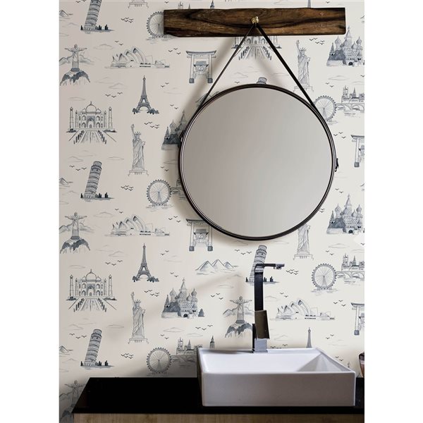 NuWallpaper Landmark Navy Travelers Toille Novelty Peel and Stick Wallpaper