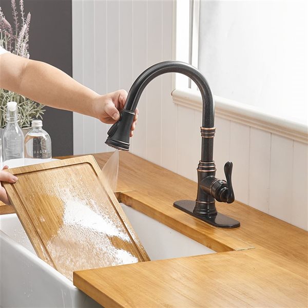 BWE Single-Handle Pull-Down Sprayer 3 Spray Kitchen Faucet with Deck Plate in Oil Rubbed Bronze