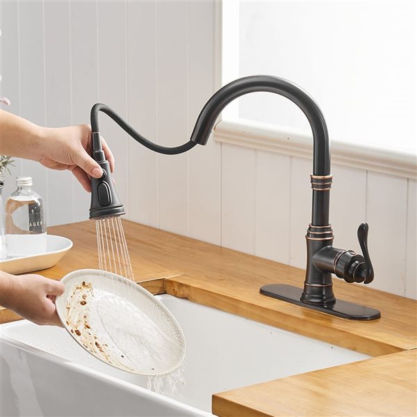 BWE Single-Handle Pull-Down Sprayer 3 Spray Kitchen Faucet with Deck Plate in Oil Rubbed Bronze