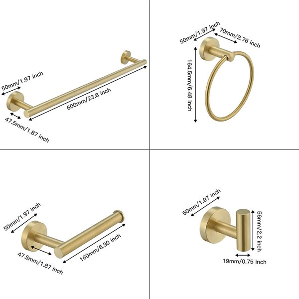 5-Piece Bath Hardware Set with Towel Bar Hook Toilet Paper Holder and Towel Ring in Brushed Gold