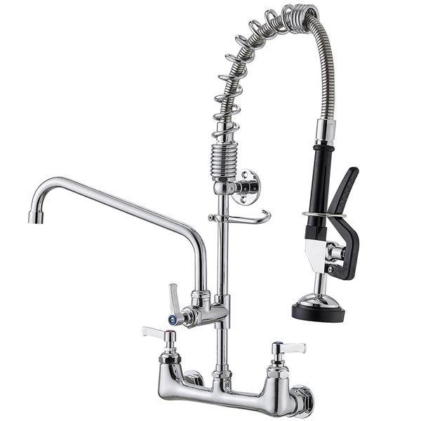 High Arc Restaurant Pull Down 2-Handle Wall Mount Pre-Rinse Spray Utility Kitchen Faucet in Chrome