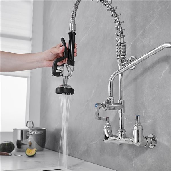 High Arc Restaurant Pull Down 2-Handle Wall Mount Pre-Rinse Spray Utility Kitchen Faucet in Chrome