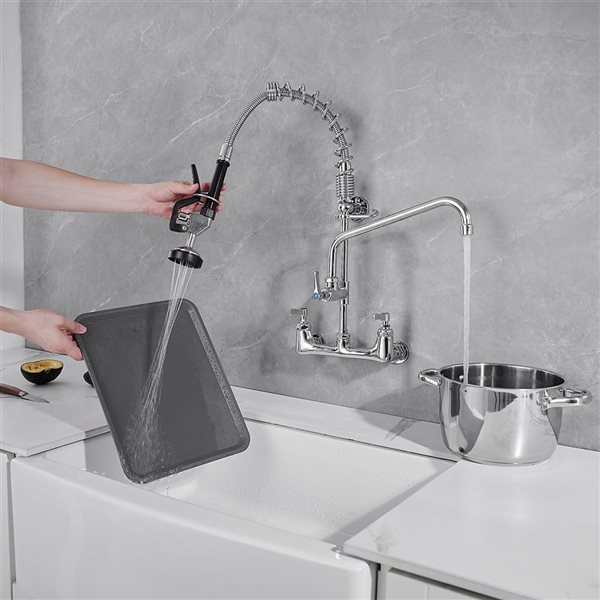 High Arc Restaurant Pull Down 2-Handle Wall Mount Pre-Rinse Spray Utility Kitchen Faucet in Chrome