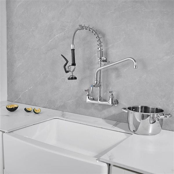 High Arc Restaurant Pull Down 2-Handle Wall Mount Pre-Rinse Spray Utility Kitchen Faucet in Chrome