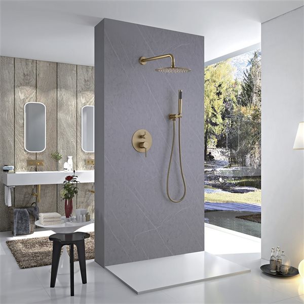 1-Handle 2-Spray Rain Shower Faucet and Hand Shower Combo Kit in Brushed Gold (Valve Included)