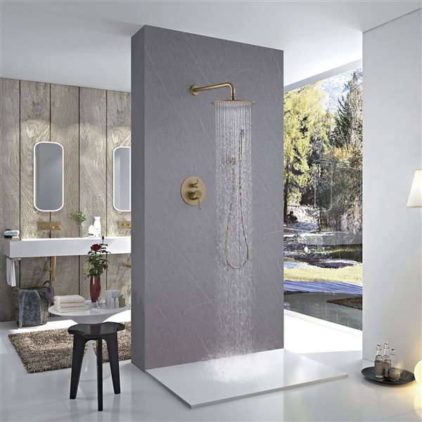 1-Handle 2-Spray Rain Shower Faucet and Hand Shower Combo Kit in Brushed Gold (Valve Included)