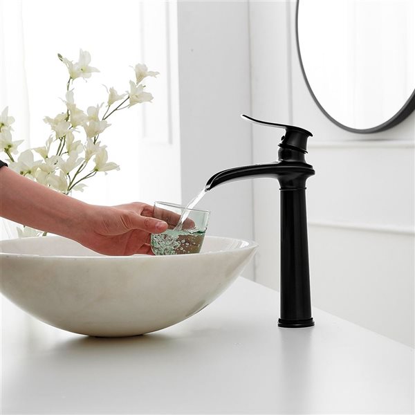 Waterfall Single Hole Single Handle Bathroom Vessel Sink Faucet with Drain Assembly in Matte Black