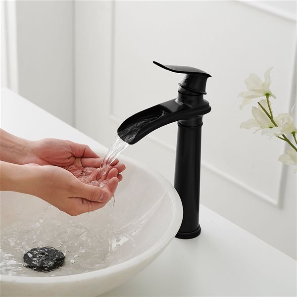 Waterfall Single Hole Single Handle Bathroom Vessel Sink Faucet with Drain Assembly in Matte Black