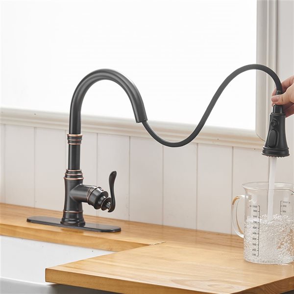 Single-Handle Pull-Down Sprayer 3 Spray High Arc Kitchen Faucet with Deck Plate in Oil Rubbed Bronze