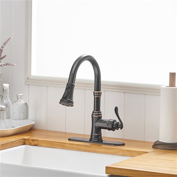 Single-Handle Pull-Down Sprayer 3 Spray High Arc Kitchen Faucet with Deck Plate in Oil Rubbed Bronze