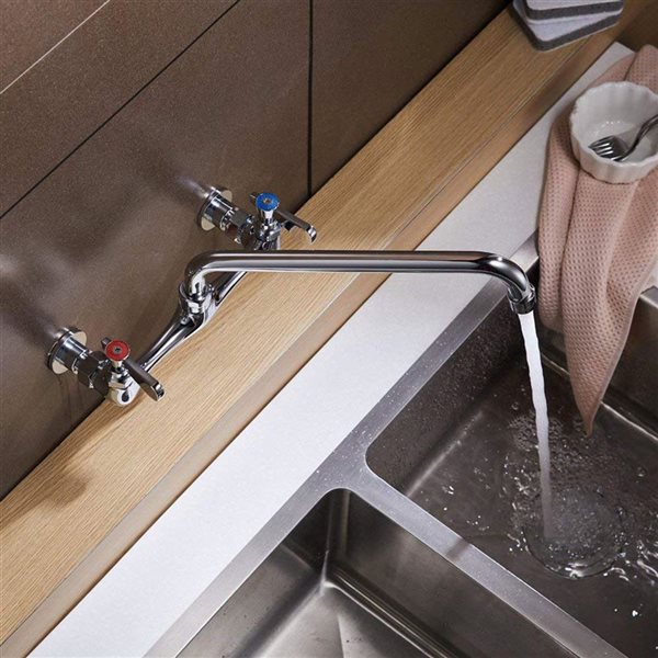 2-Handle Wall Mount Kitchen Faucet with 8 inch Swivel Spout 8 inch Center in Polished Chrome