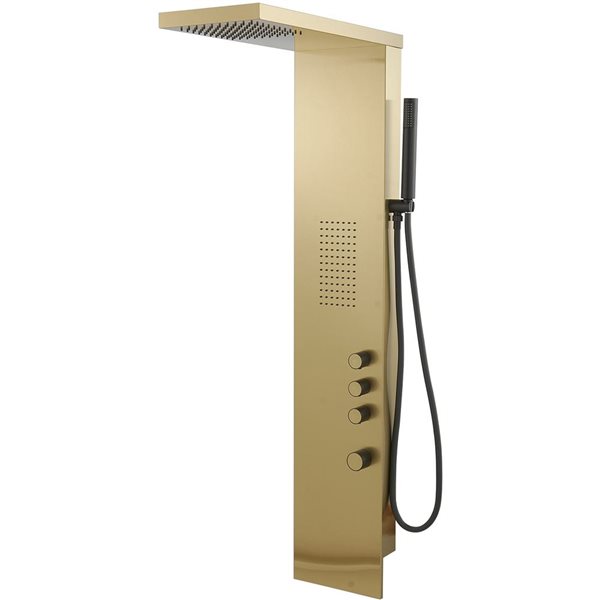 1-Jet Rainfall Shower Panel System with Waterfall Shower Head and Shower Wand in Brushed Gold