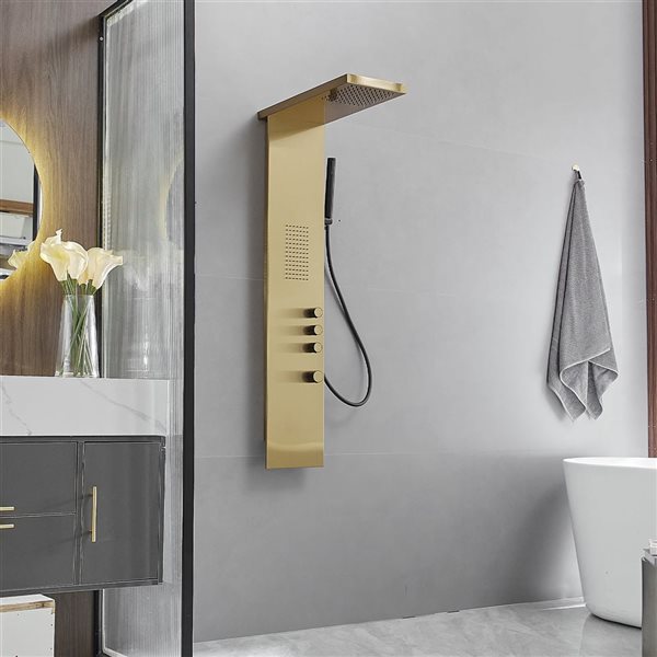 1-Jet Rainfall Shower Panel System with Waterfall Shower Head and Shower Wand in Brushed Gold