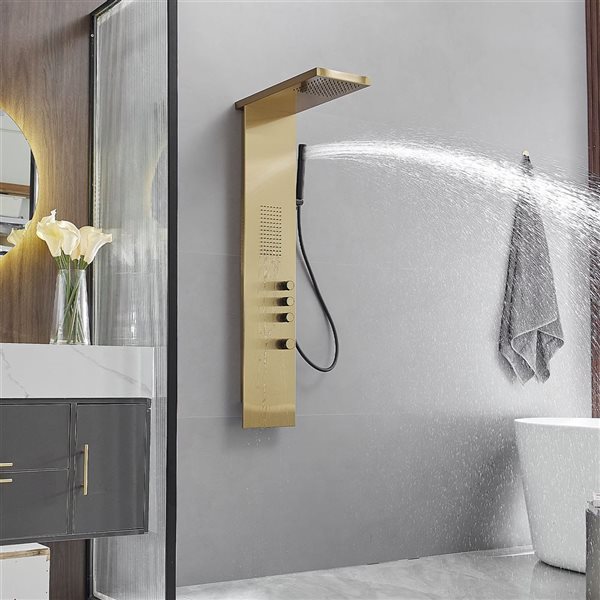 1-Jet Rainfall Shower Panel System with Waterfall Shower Head and Shower Wand in Brushed Gold