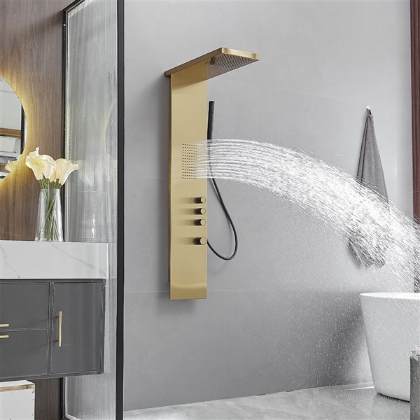 1-Jet Rainfall Shower Panel System with Waterfall Shower Head and Shower Wand in Brushed Gold