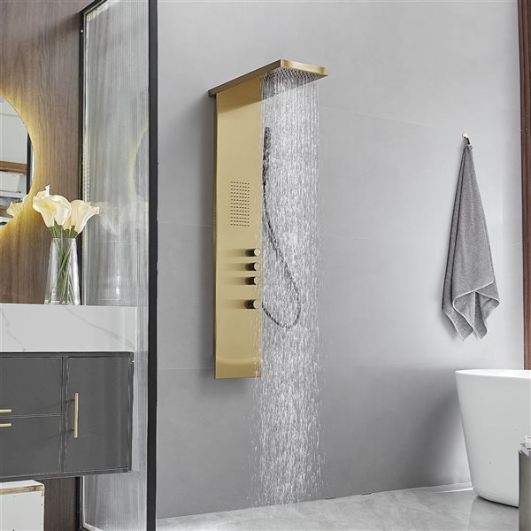 1-Jet Rainfall Shower Panel System with Waterfall Shower Head and Shower Wand in Brushed Gold