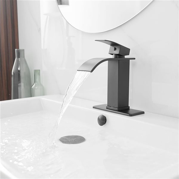 Waterfall Single Handle Single Hole Low-Arc Bathroom Faucet Bathroom Vanity Sink in Matte Black