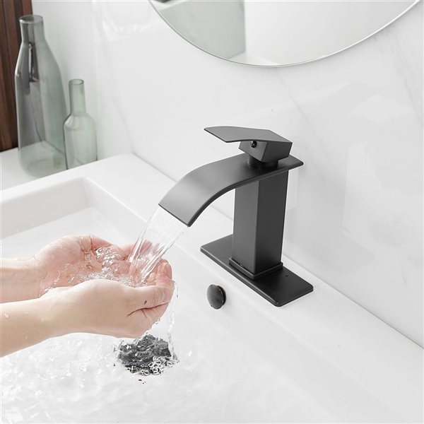 Waterfall Single Handle Single Hole Low-Arc Bathroom Faucet Bathroom Vanity Sink in Matte Black