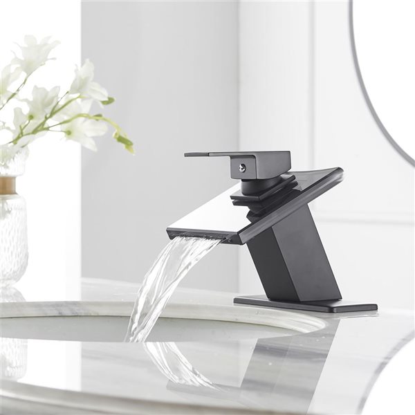 Waterfall Single Hole Single-Handle Low-Arc Bathroom Faucet with Glass Spout in Matte Black