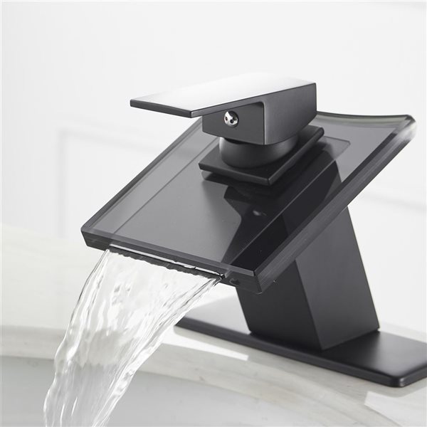 Waterfall Single Hole Single-Handle Low-Arc Bathroom Faucet with Glass Spout in Matte Black