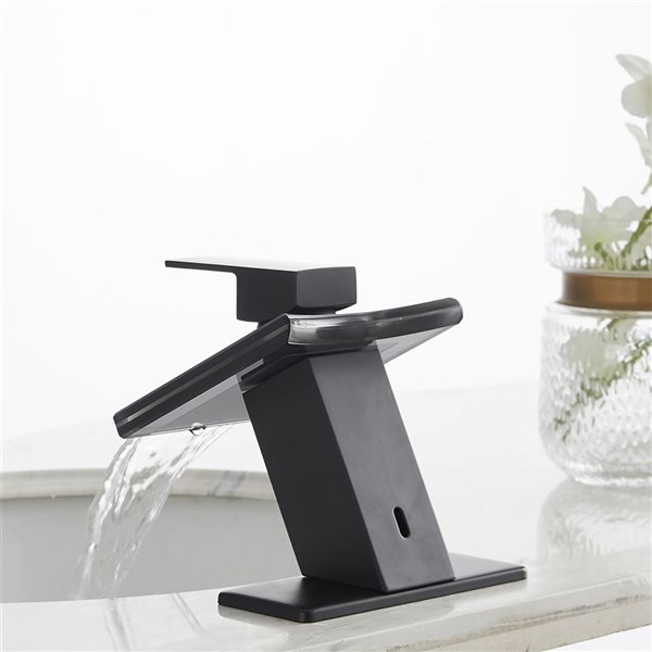 Waterfall Single Hole Single-Handle Low-Arc Bathroom Faucet with Glass Spout in Matte Black