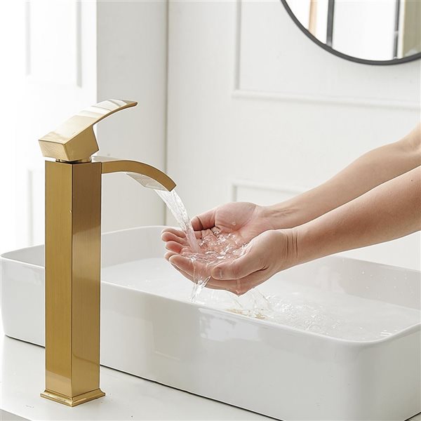 Waterfall Single Hole Single Handle Bathroom Vessel Sink Faucet in Brushed Gold