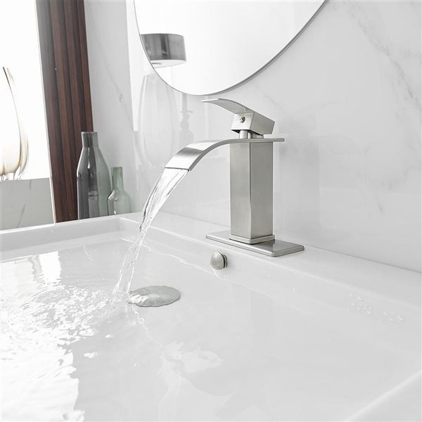 Waterfall Single Handle Single Hole Low-Arc Bathroom Faucet Bathroom Vanity Sink in Brushed Nickel