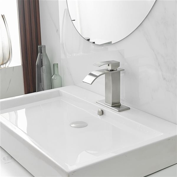 Waterfall Single Handle Single Hole Low-Arc Bathroom Faucet Bathroom Vanity Sink in Brushed Nickel