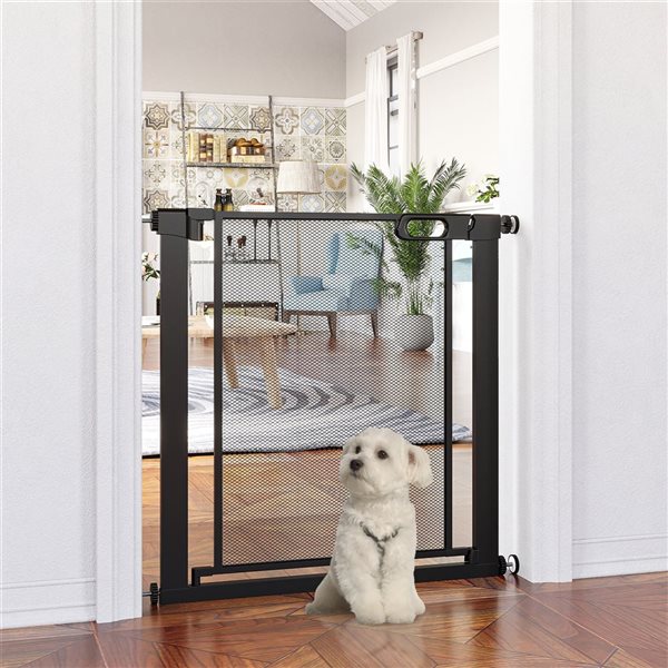 PawHut 29.5-32.3-in Black Metal Double Locking Pet Gate with Auto Closing Door