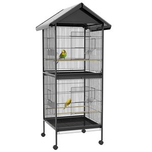 PawHut 67-in Black Wrought Metal Bird Cage Feeder with Rolling Stand Perches Food Containers Doors Wheels