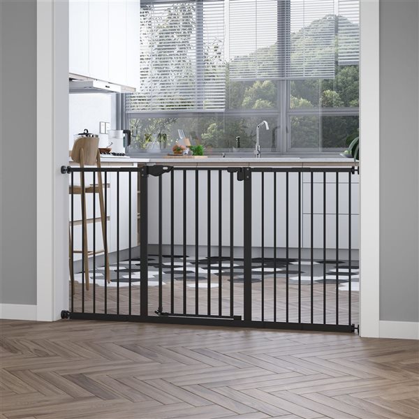 PawHut Black Pet Pressure-Mounted Gate with Door, Barrier and Extensions Kit