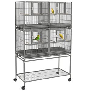 PawHut 61-in Double Bird Cage with Rolling Stand, Canary Parakeet Cage with Removable Trays, Storage Shelf, Wood Perches