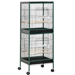 Cage à oiseaux 2 en 1 PawHut 55,1 pouces pour pinsons, perruches avec roues, plateaux coulissants, perchoir en bois