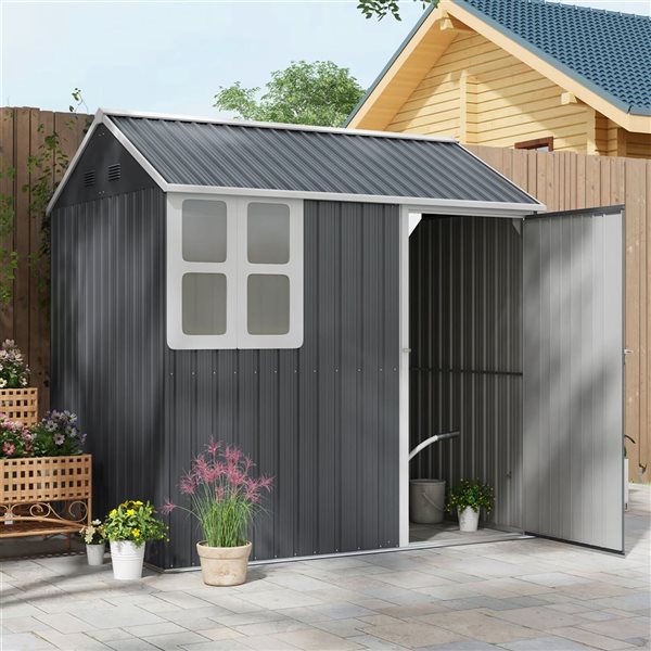 Outsunny 7 x 5.5-ft Grey Metal Garden Tool Storage House with Lockable Door