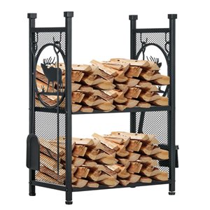 Outsunny Black Firewood Rack with 4 Tools and Hooks