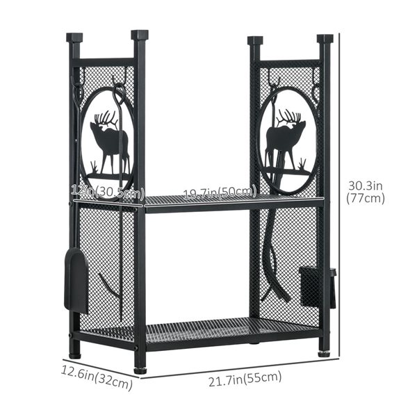 Outsunny Black Firewood Rack with 4 Tools and Hooks