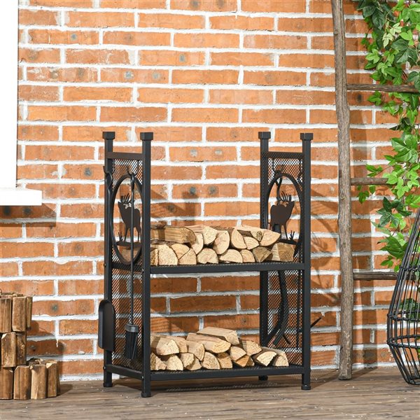 Outsunny Black Firewood Rack with 4 Tools and Hooks