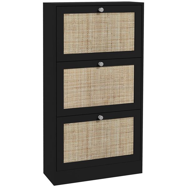 HomCom Rattan Shoe Storage Cabinet with Adjustable Shelves - Black