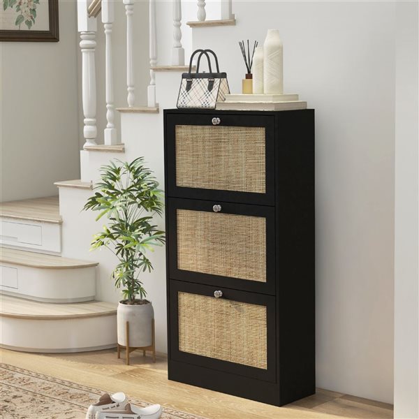 HomCom Rattan Shoe Storage Cabinet with Adjustable Shelves - Black