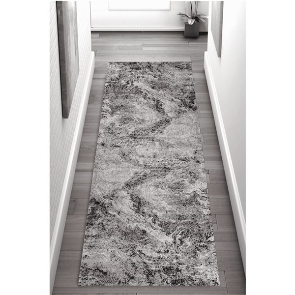 Tapis de passage décoratif Sakarya de Rug Branch 2 x 8 pi contemporain à motif éclaboussures abstraites noir/gris