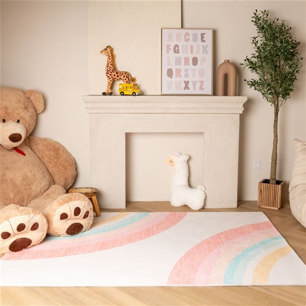 Rug Branch Soft Steps Playtime 4 x 6-ft Cream/Pink Rainbow Kids Playmat Indoor Soft Area Rug