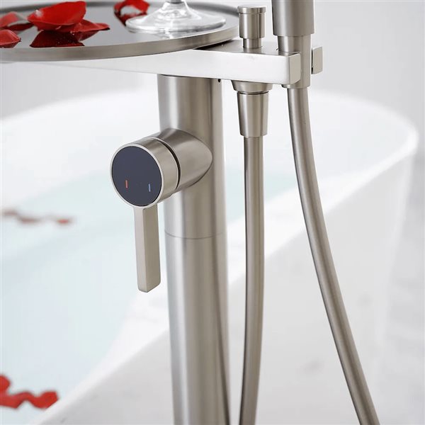 Aqua Faucet Floor Mount 1-Handle Bath Tub Filler with Hand Shower and Storage Tray - Brushed Nickel