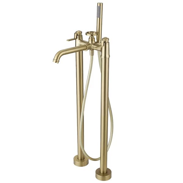 Aqua Faucet 3-Handle Freestanding Floor Mount Industrial Style Tub Faucet with Hand Shower - Brushed Gold