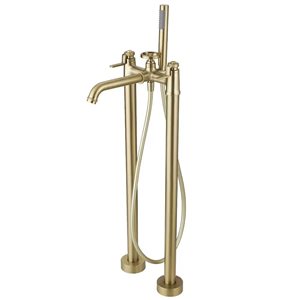 Aqua Faucet 3-Handle Freestanding Floor Mount Industrial Style Tub Faucet with Hand Shower - Brushed Gold