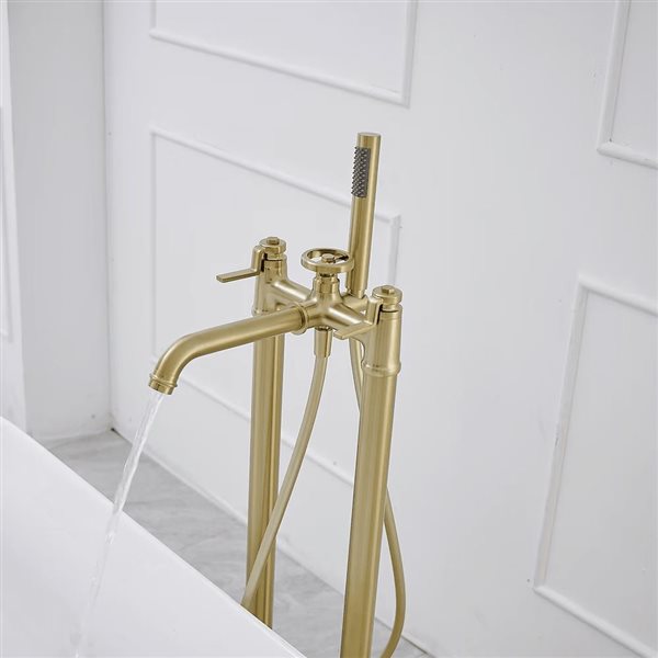 Aqua Faucet 3-Handle Freestanding Floor Mount Industrial Style Tub Faucet with Hand Shower - Brushed Gold