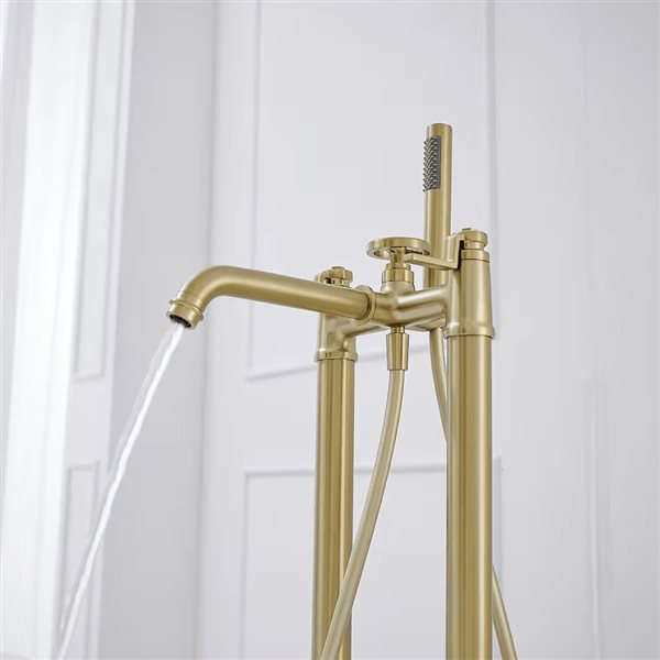 Aqua Faucet 3-Handle Freestanding Floor Mount Industrial Style Tub Faucet with Hand Shower - Brushed Gold